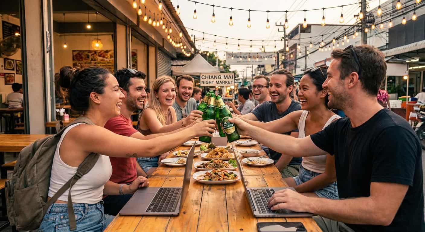 A digital nomad working on a laptop at a sunlit Chiang Mai cafe with lush tropical plants in the background
