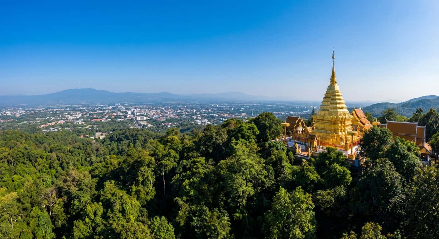 Doi Suthep temple at sunset with panoramic views over Chiang Mai city below