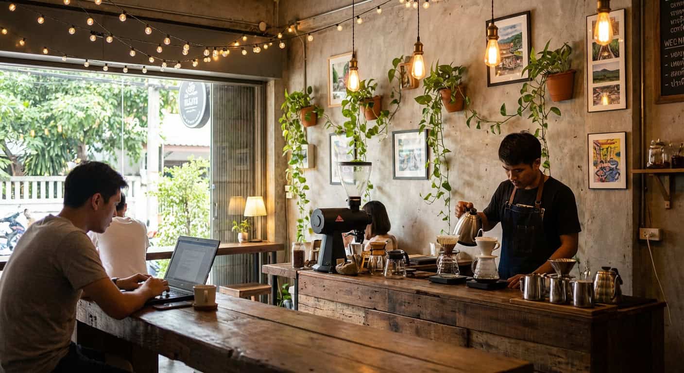 Leafy garden courtyard at Punspace Wiang Kaew coworking space in the Old City of Chiang Mai