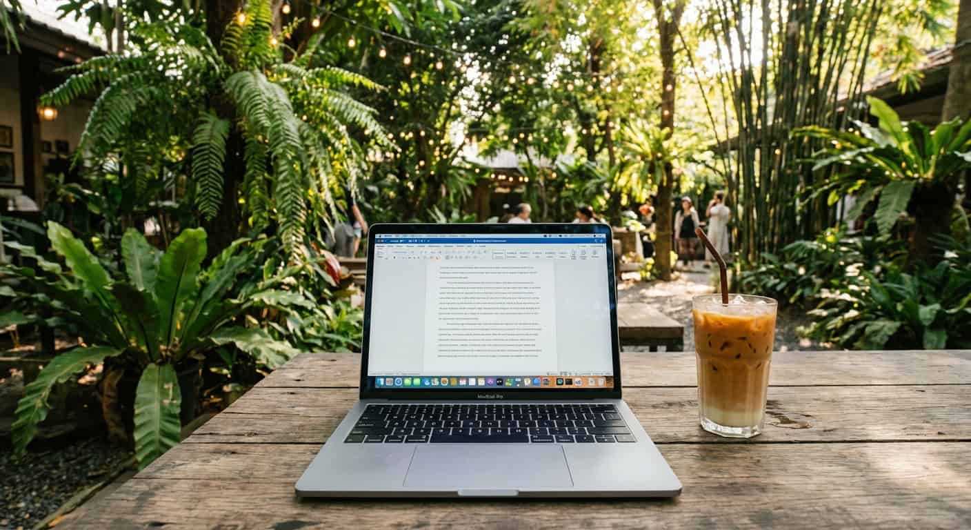 A cozy work-friendly cafe in Chiang Mai with laptops on wooden tables and warm ambient lighting