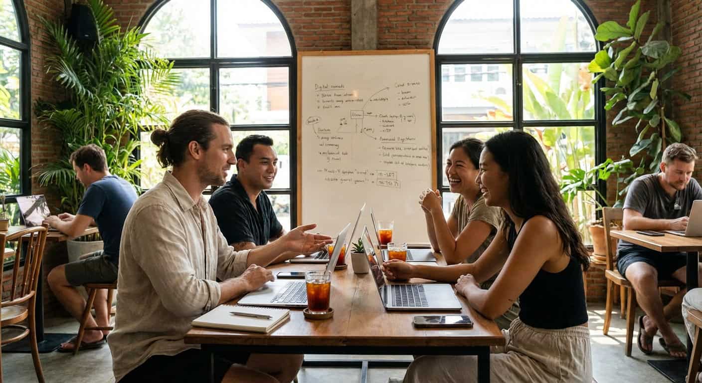 Overhead view of CAMP coworking space at Maya Mall in Chiang Mai with rows of open desks and large windows