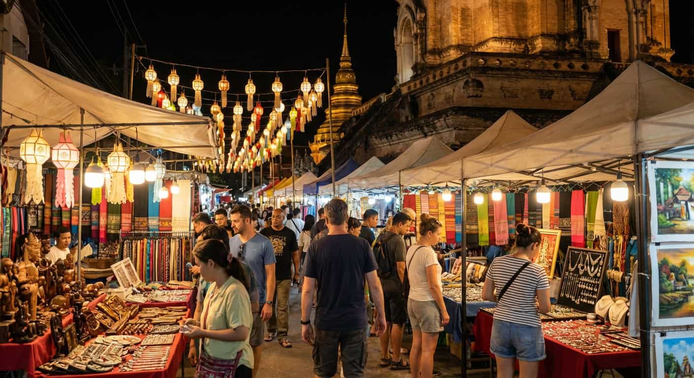 Night market food stalls with colorful dishes and string lights in Chiang Mai