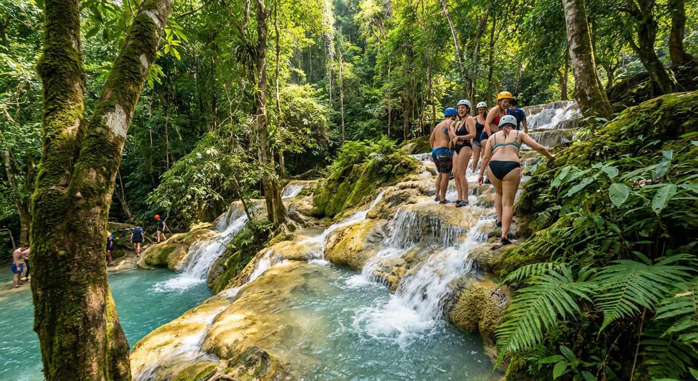Hikers climbing the limestone Bua Tong Sticky Waterfalls surrounded by green jungle