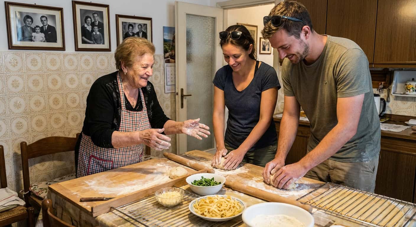 Local grandmother teaching travelers to cook