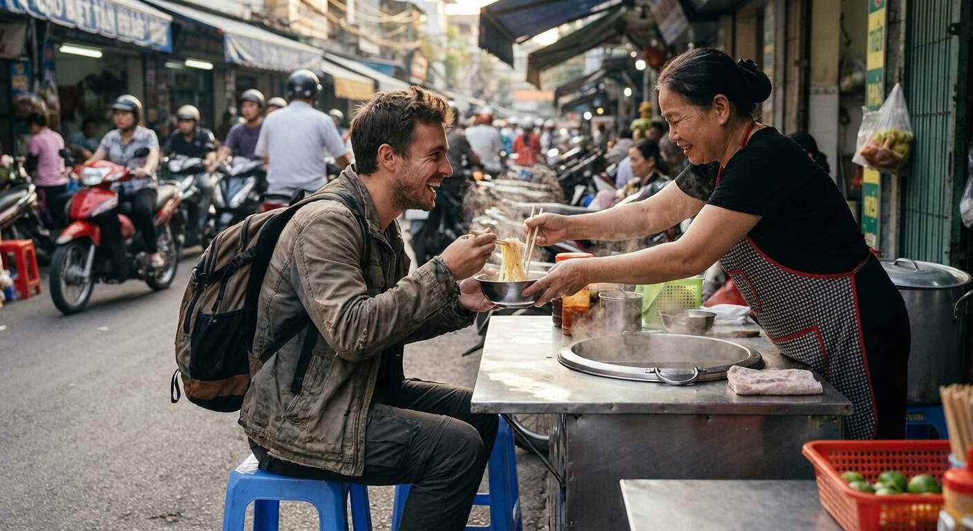 Solo traveler connecting with local street food vendor