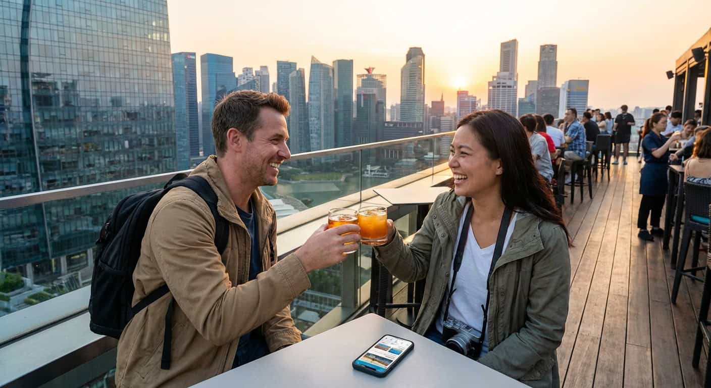 Two travelers toasting at rooftop bar