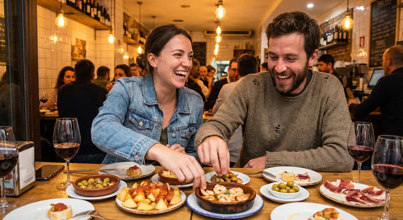 Travelers sharing tapas at restaurant
