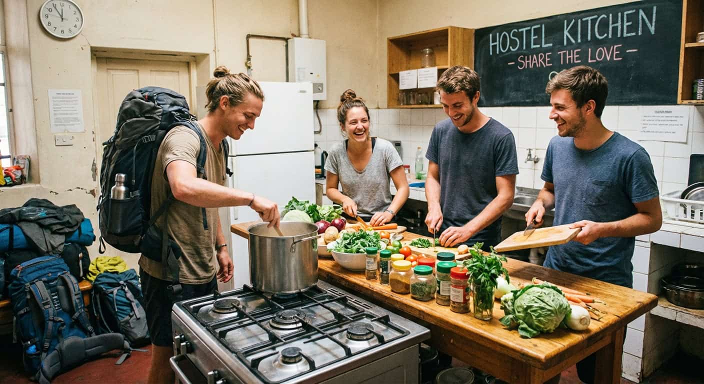 Travel buddies cooking together in hostel kitchen