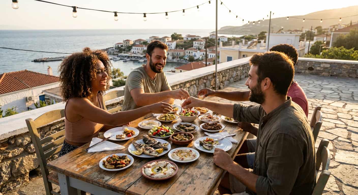 Travelers sharing food at outdoor restaurant