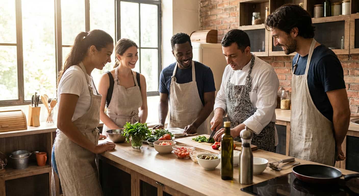 Group of travelers learning to cook together