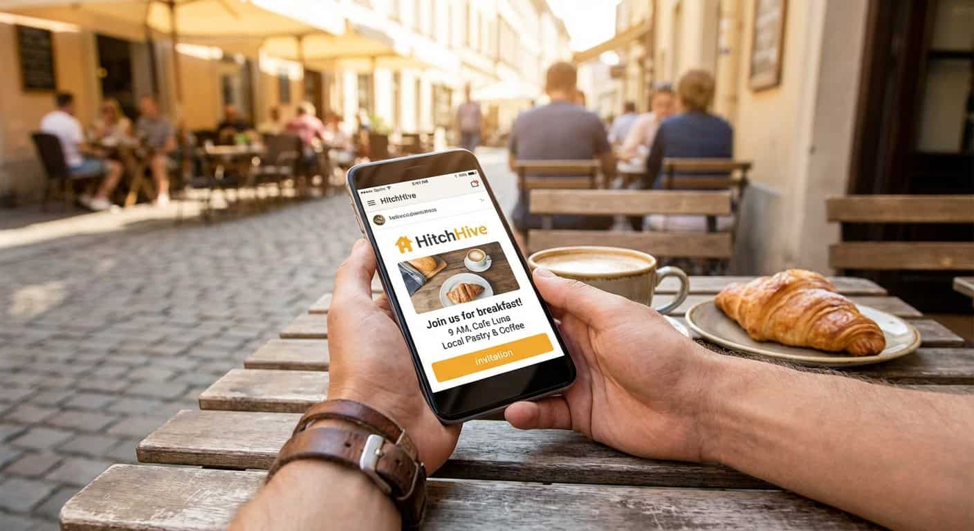 Traveler using HitchHive app for food meetup