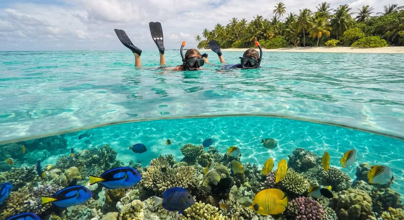 Snorkeling in crystal clear tropical water with colorful coral reef