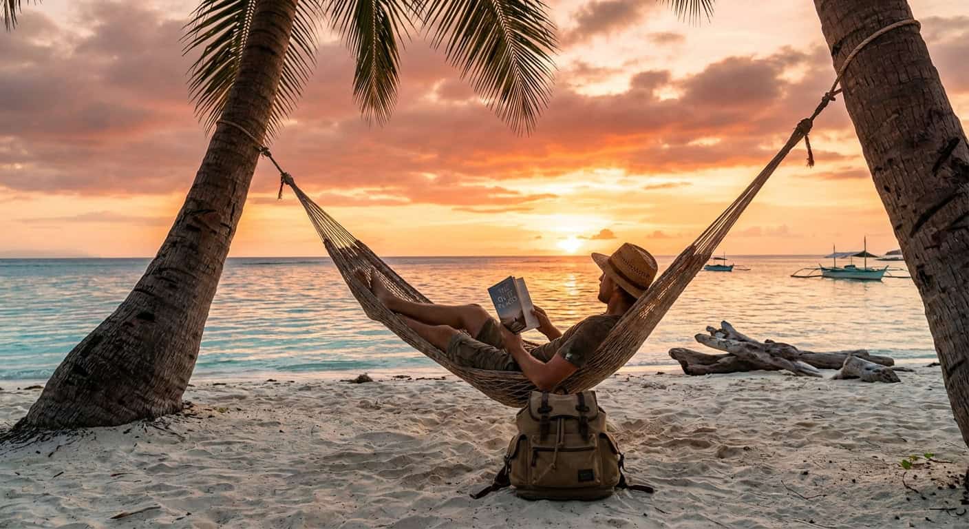 Backpacker relaxing in a beach hammock on a tropical island
