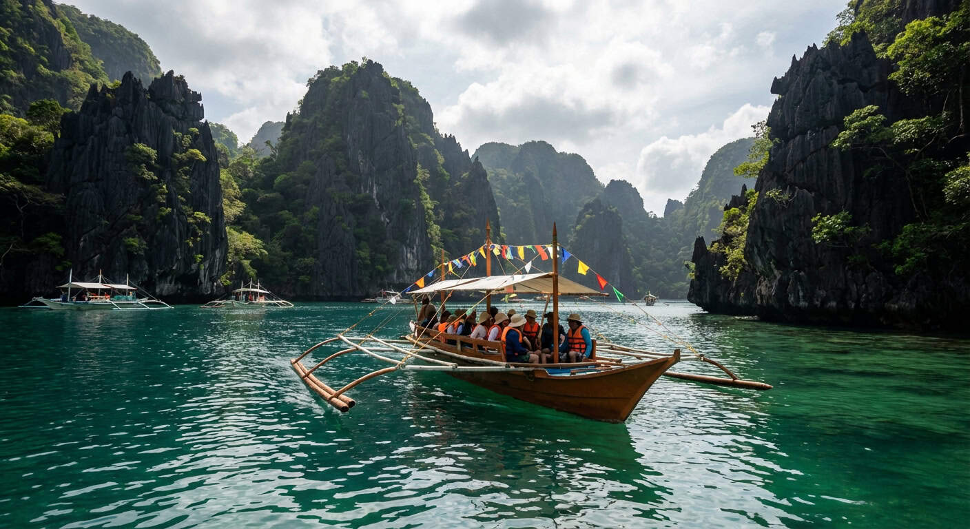 Filipino bangka boat in a clear lagoon surrounded by limestone karsts