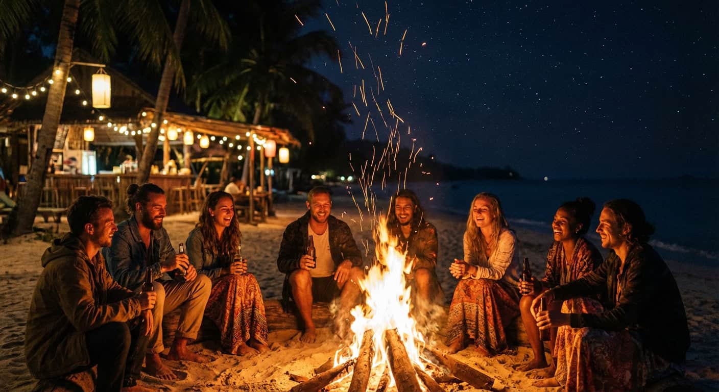 Travelers gathered around a beach bonfire on a Thai island