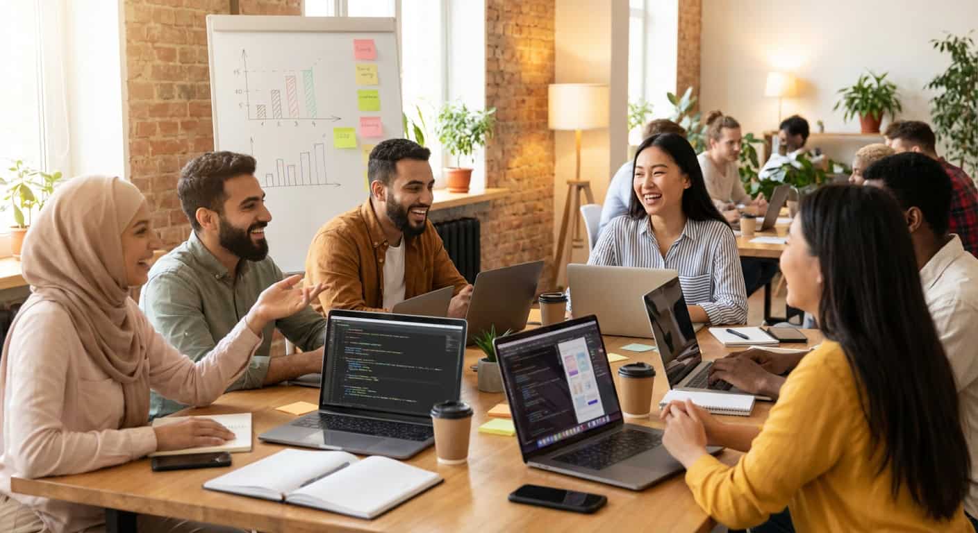 Nomads collaborating at table