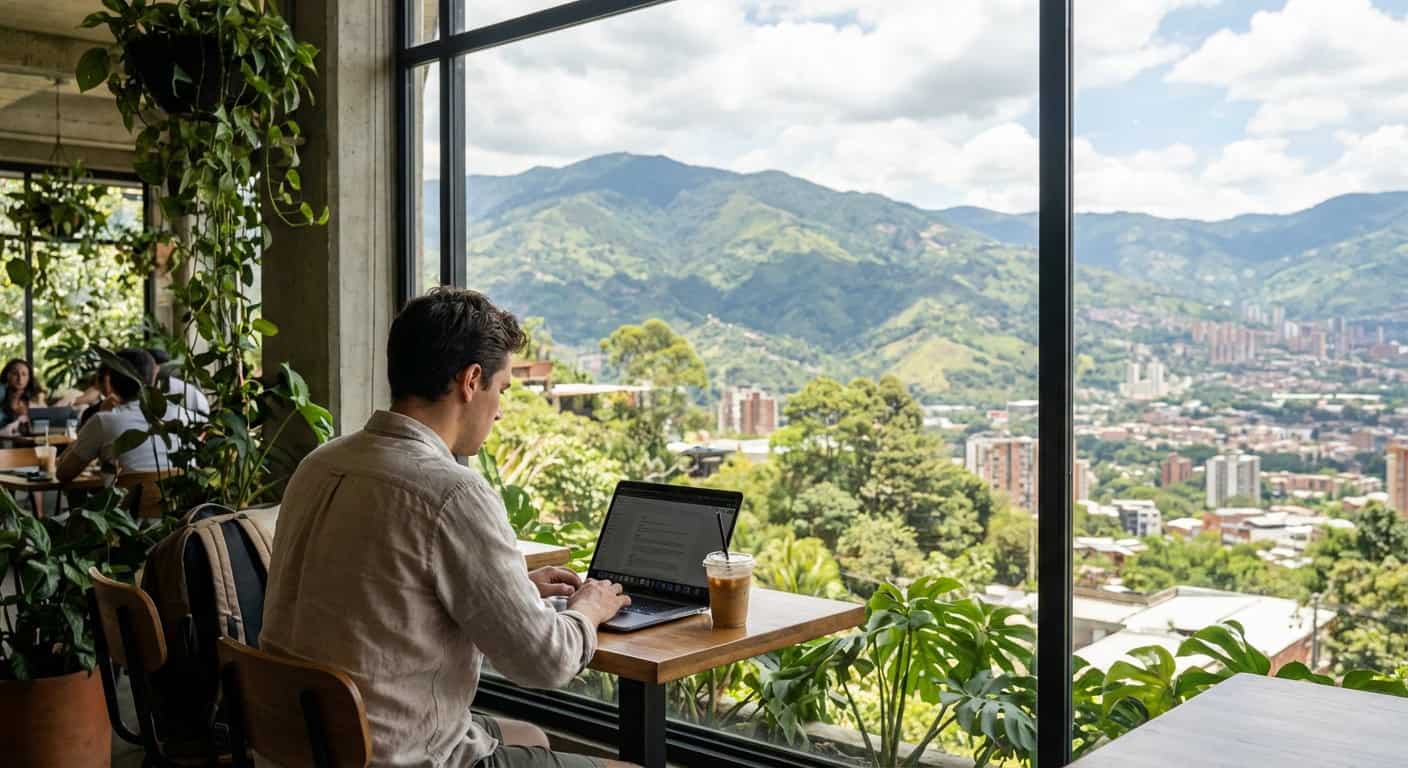 Nomad at cafe with mountain view