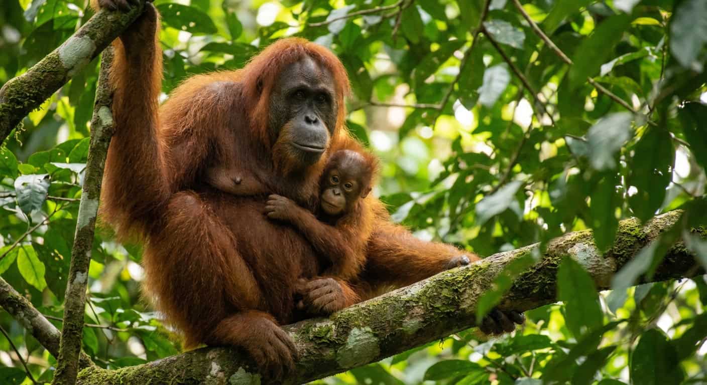 Wild orangutan in a tree in Sumatra Bukit Lawang jungle