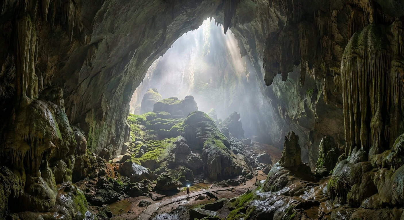 Massive Phong Nha cave interior in Vietnam with ethereal lighting