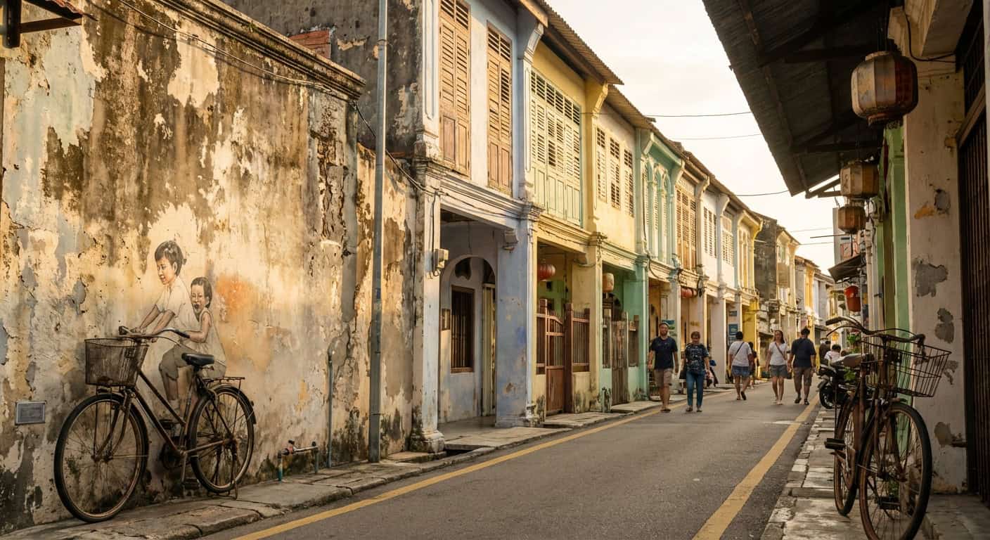 Colorful heritage shophouses and street art in George Town Penang