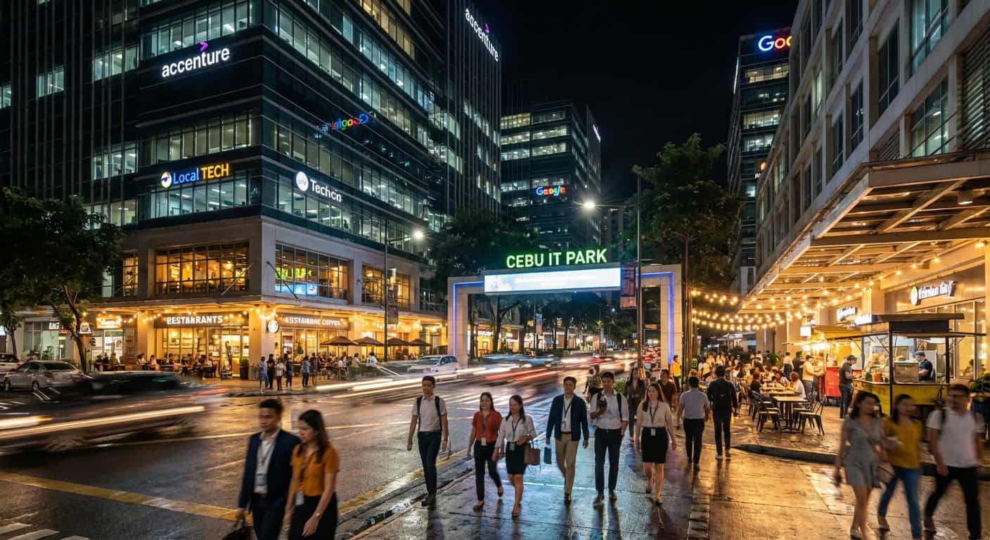 Modern IT Park business district in Cebu City at dusk with illuminated office towers and street-level restaurants