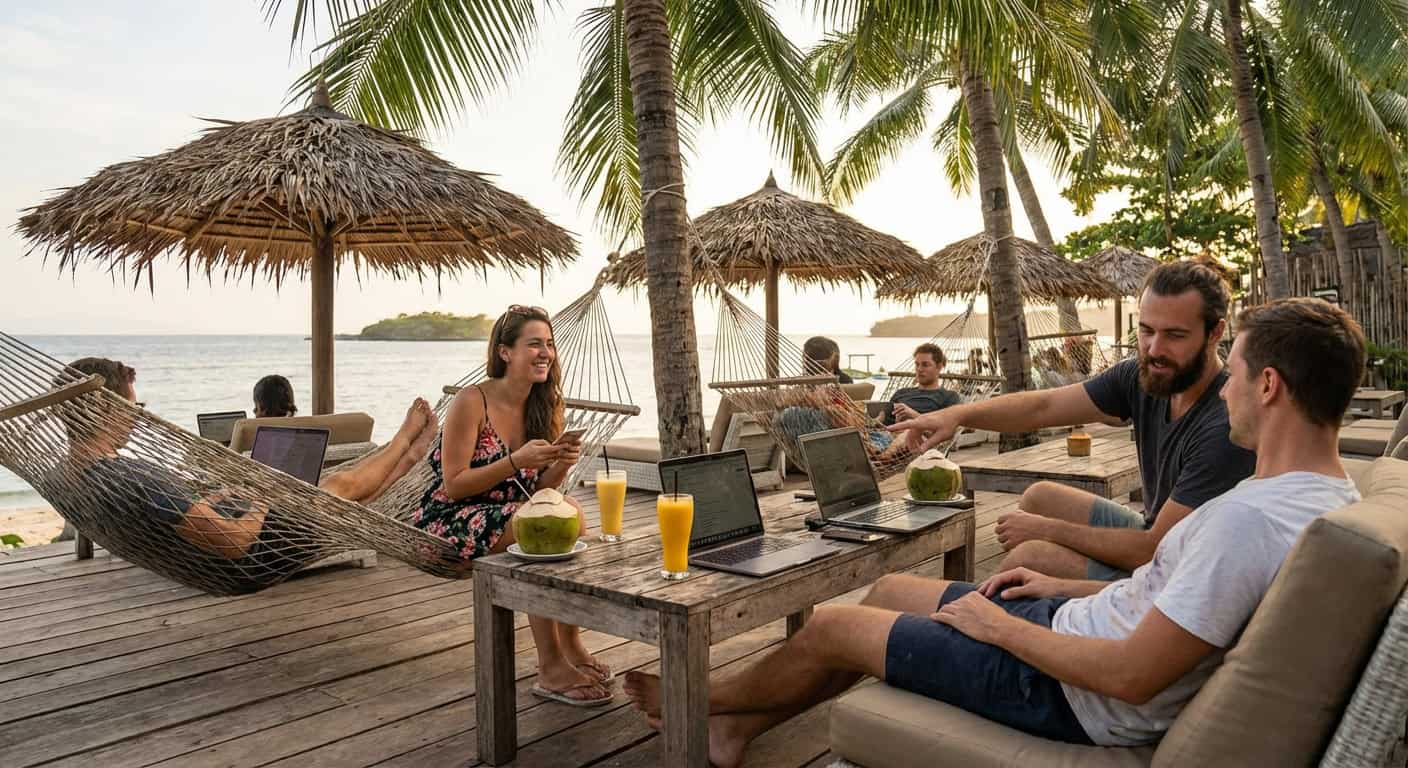 Digital nomads socializing at an outdoor beachside cafe in Cebu with laptops and tropical drinks