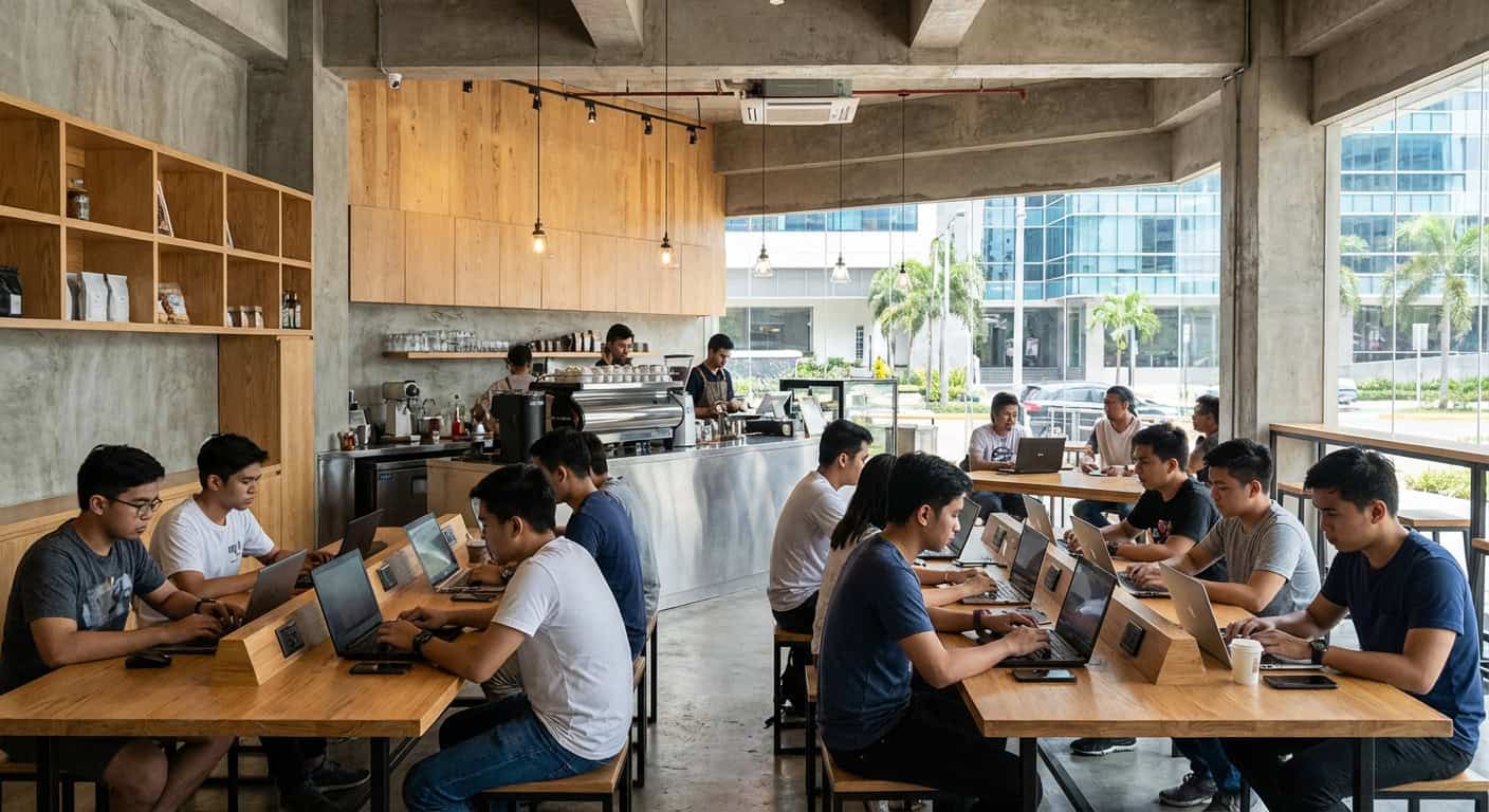 Modern coworking space interior in Cebu IT Park with digital nomads working at desks