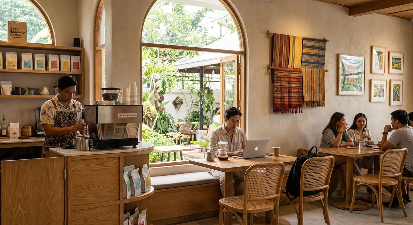 Cozy laptop-friendly cafe in Cebu with warm lighting and coffee drinks