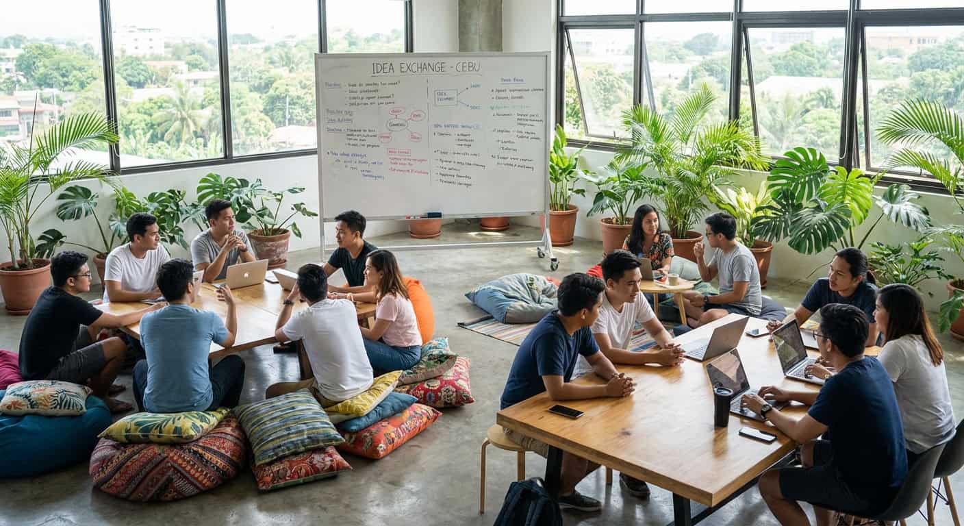 Digital nomads collaborating in a bright coworking space in Cebu with skyline view