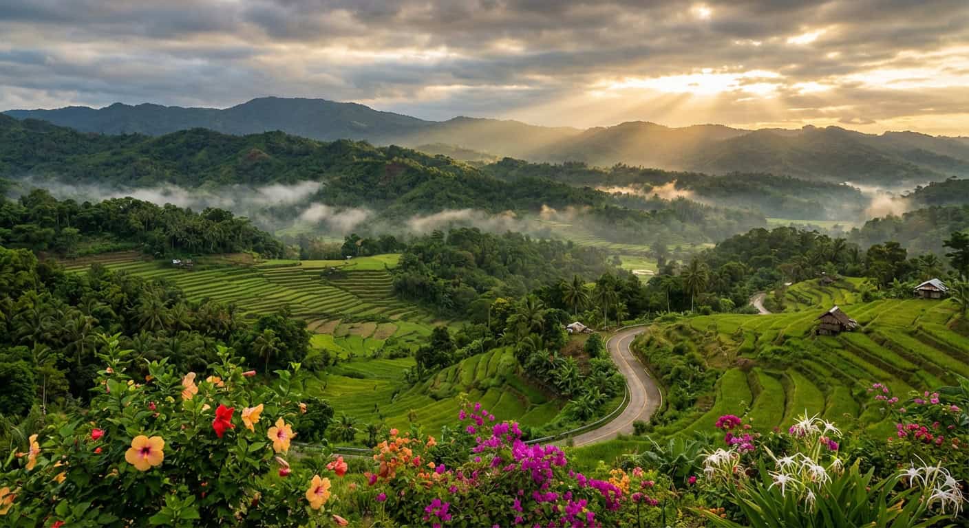 Lush green highlands of Cebu province with terraced hills and mountain views