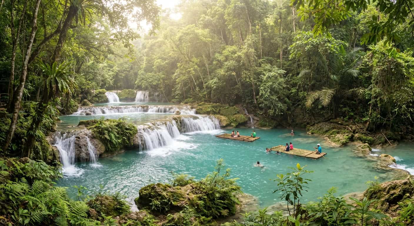 Multi-tiered turquoise Kawasan Falls in Cebu surrounded by lush tropical jungle