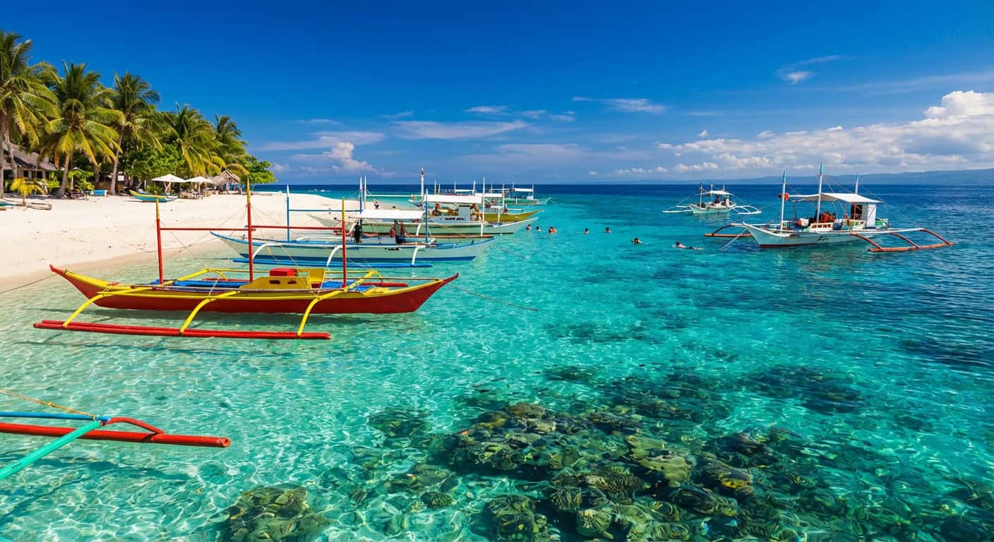 Crystal clear turquoise water surrounding islands near Cebu with traditional Filipino boats