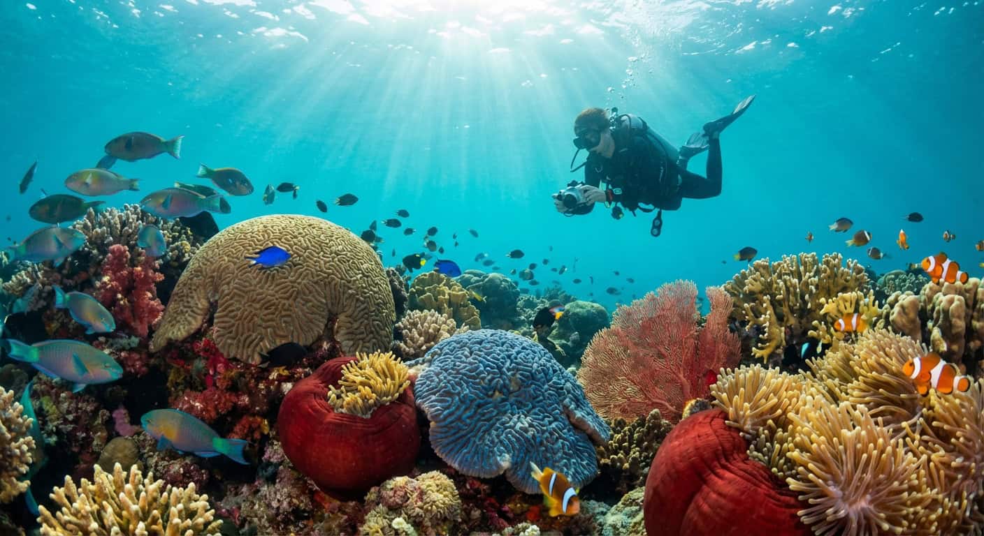Snorkeler swimming through a massive sardine bait ball in crystal clear water at Moalboal Cebu