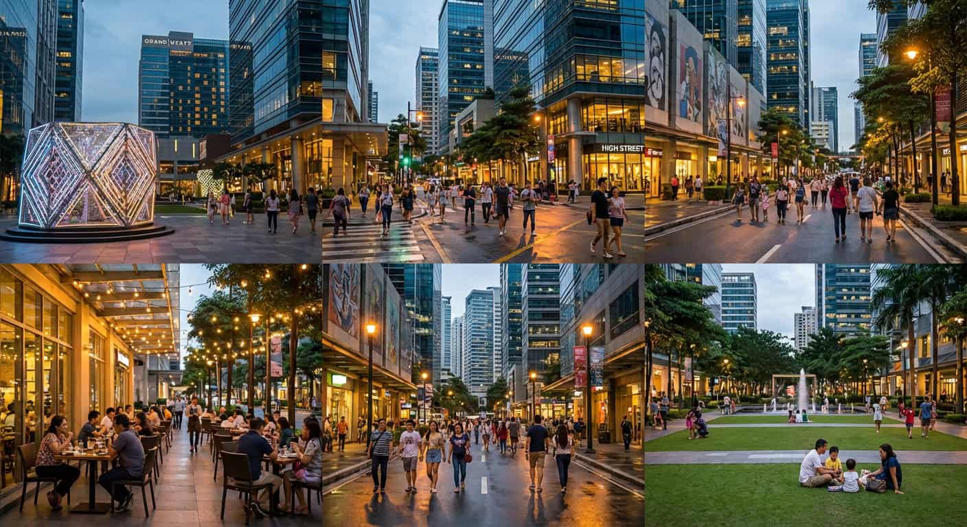 Modern pedestrian boulevard in BGC with wide sidewalks and contemporary architecture
