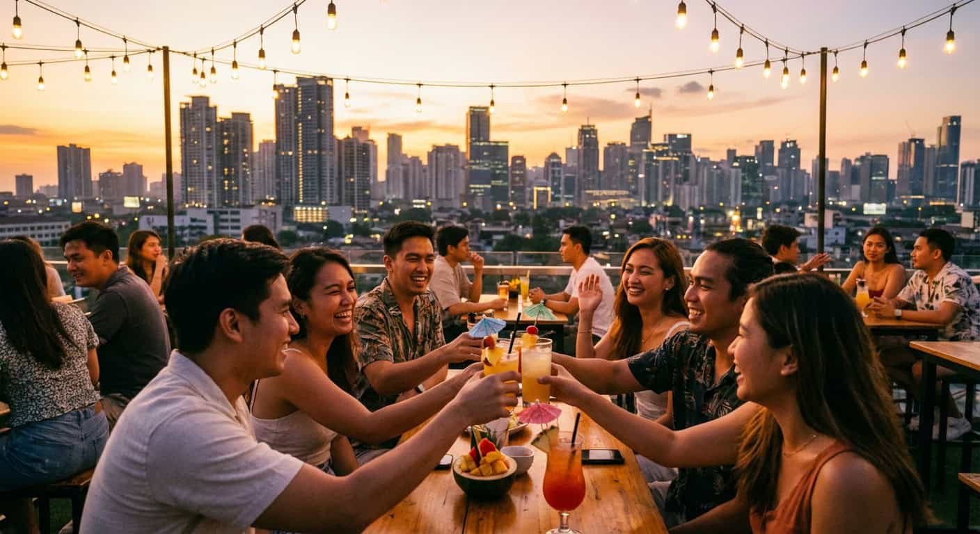 Rooftop bar scene in Poblacion Makati with city skyline views at sunset