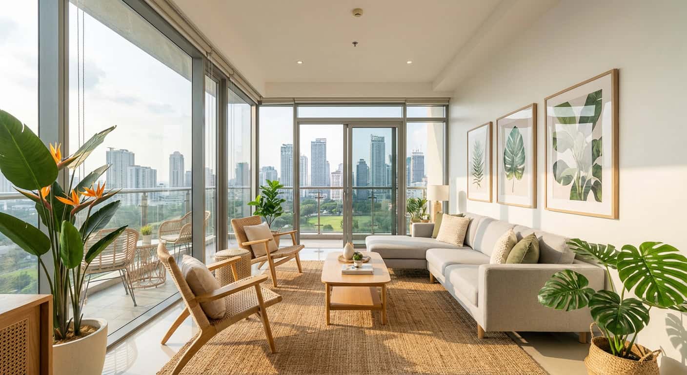 Modern high-rise condo building in Makati Manila with city skyline views at golden hour