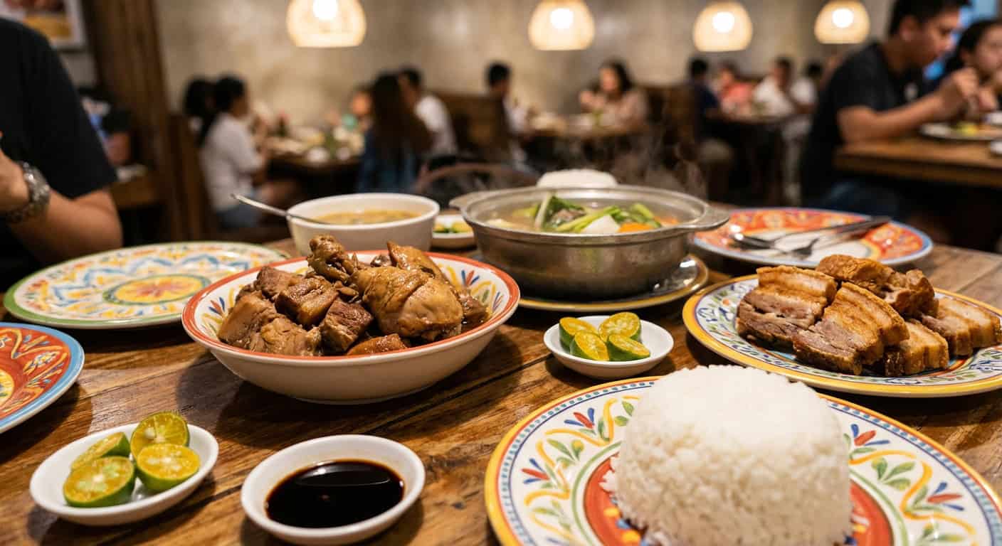 Colorful Filipino street food spread at a Manila karinderya with rice dishes and grilled meats