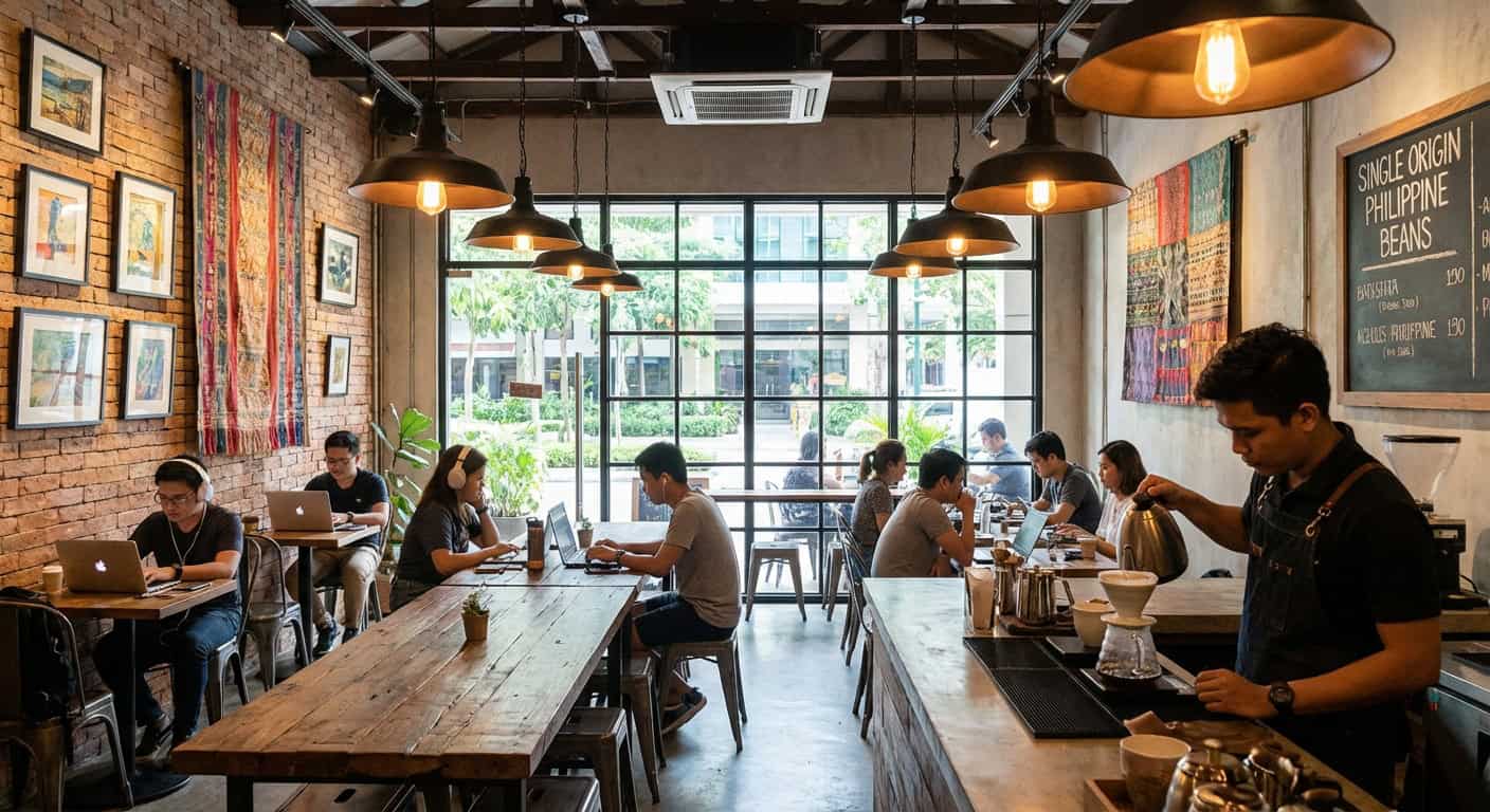 Modern coworking space interior in Makati with natural light and digital nomads working at shared desks