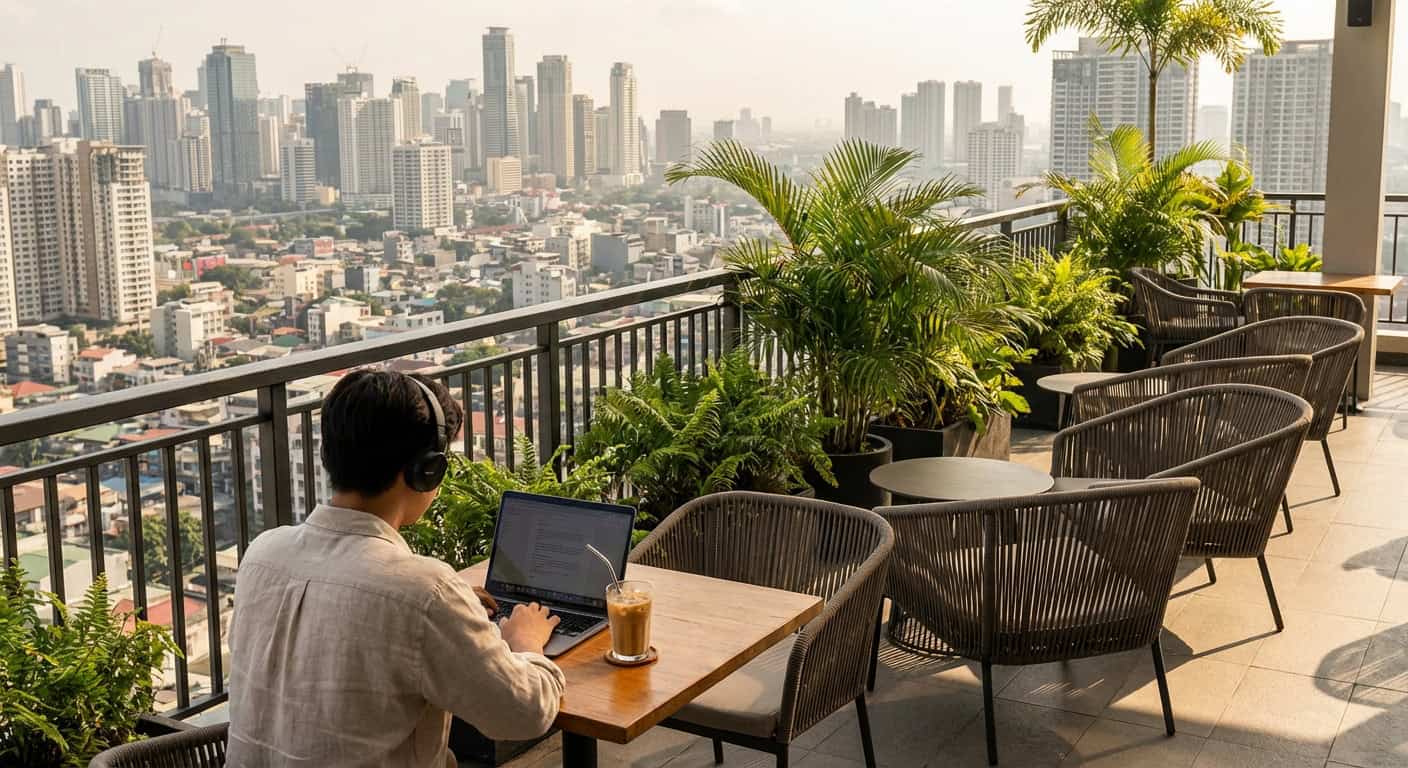 Cozy laptop-friendly cafe in Makati Manila with a digital nomad working over coffee