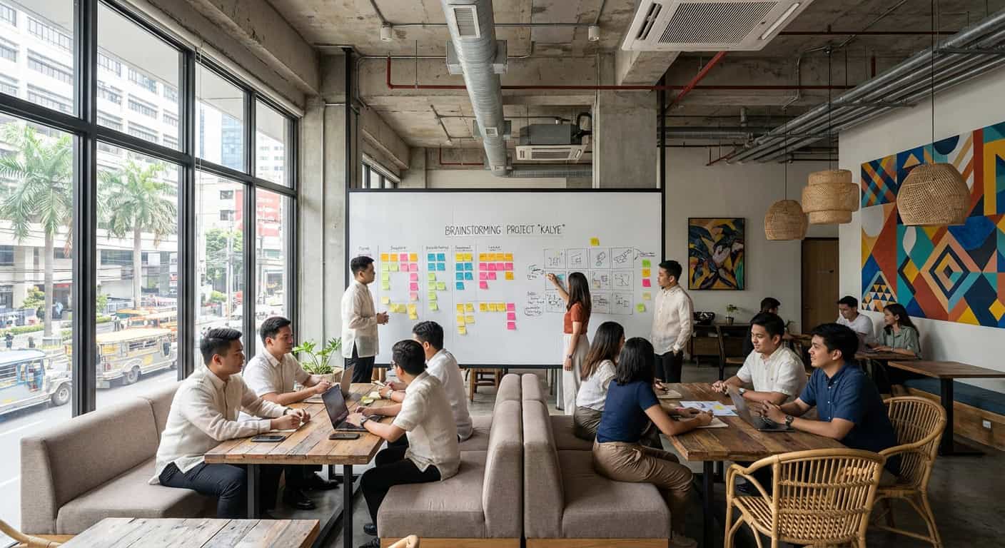 Digital nomads collaborating at a workspace table in Manila with laptops and coffee