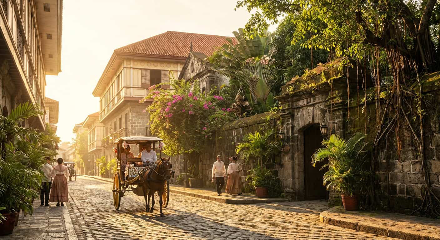 Historic stone walls and colonial architecture of Intramuros Manila with warm golden light