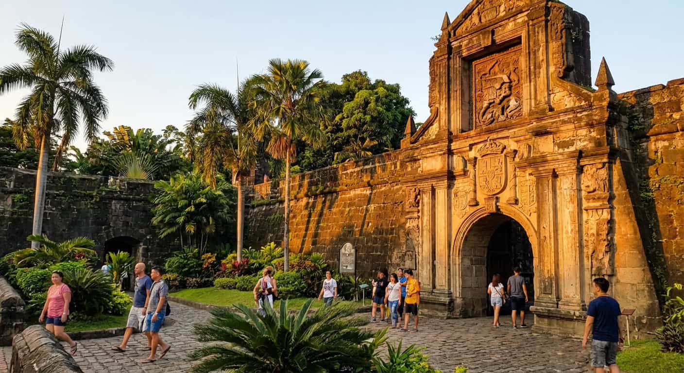 Historic stone walls and courtyard of Fort Santiago in Intramuros Manila at golden hour