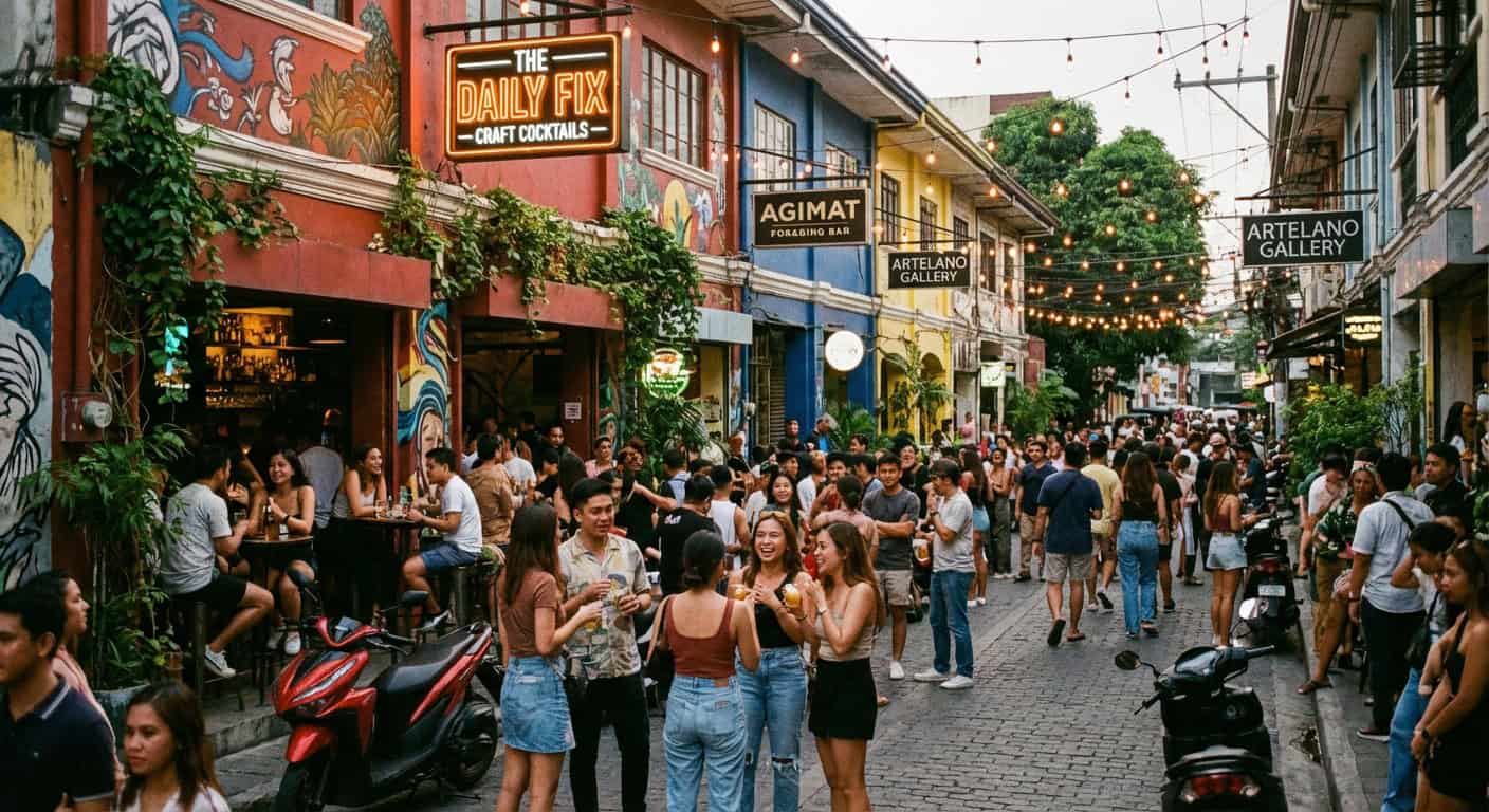 Lively rooftop bar scene in Poblacion Makati with string lights and Manila skyline at night