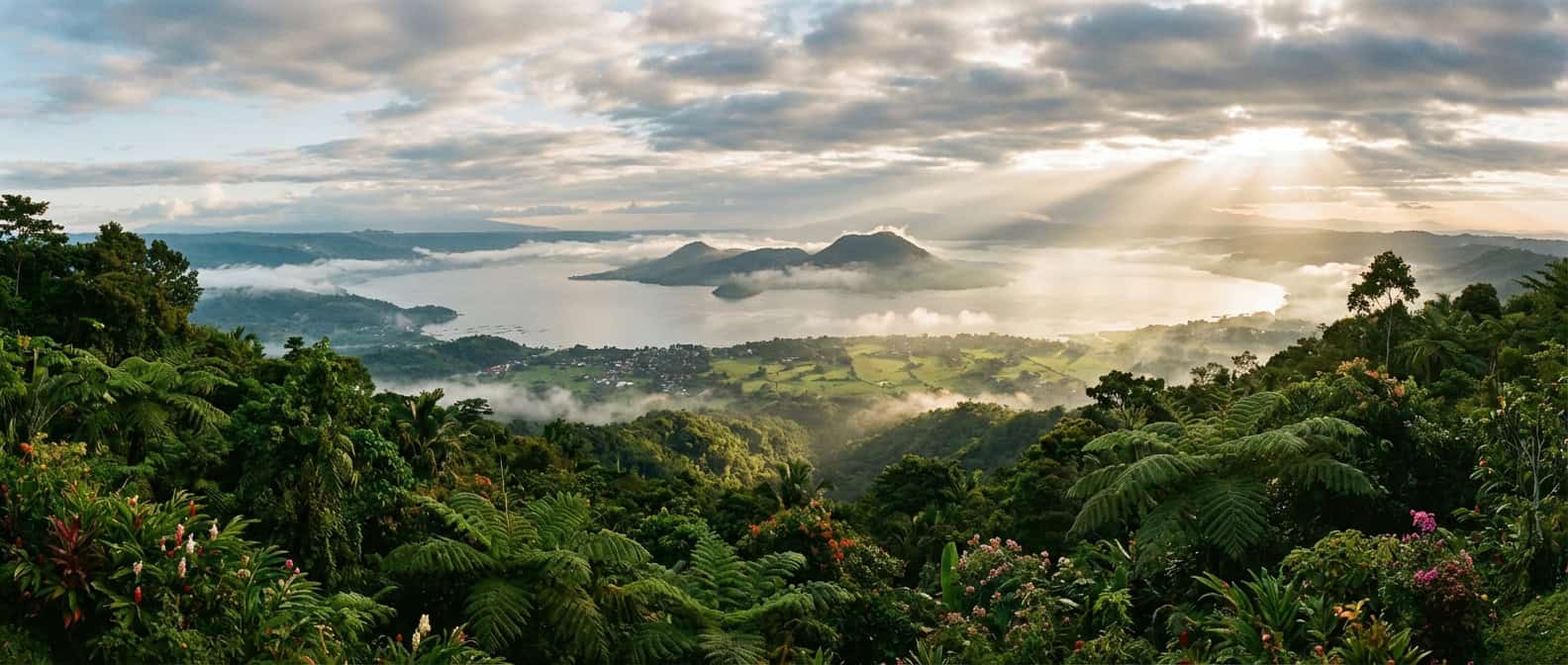 Panoramic view of Taal Volcano and lake from Tagaytay ridge on a clear day