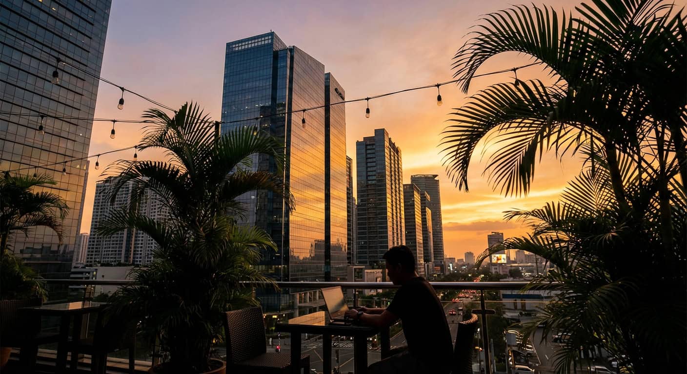 Manila skyline at golden hour with Makati skyscrapers and BGC towers in the distance