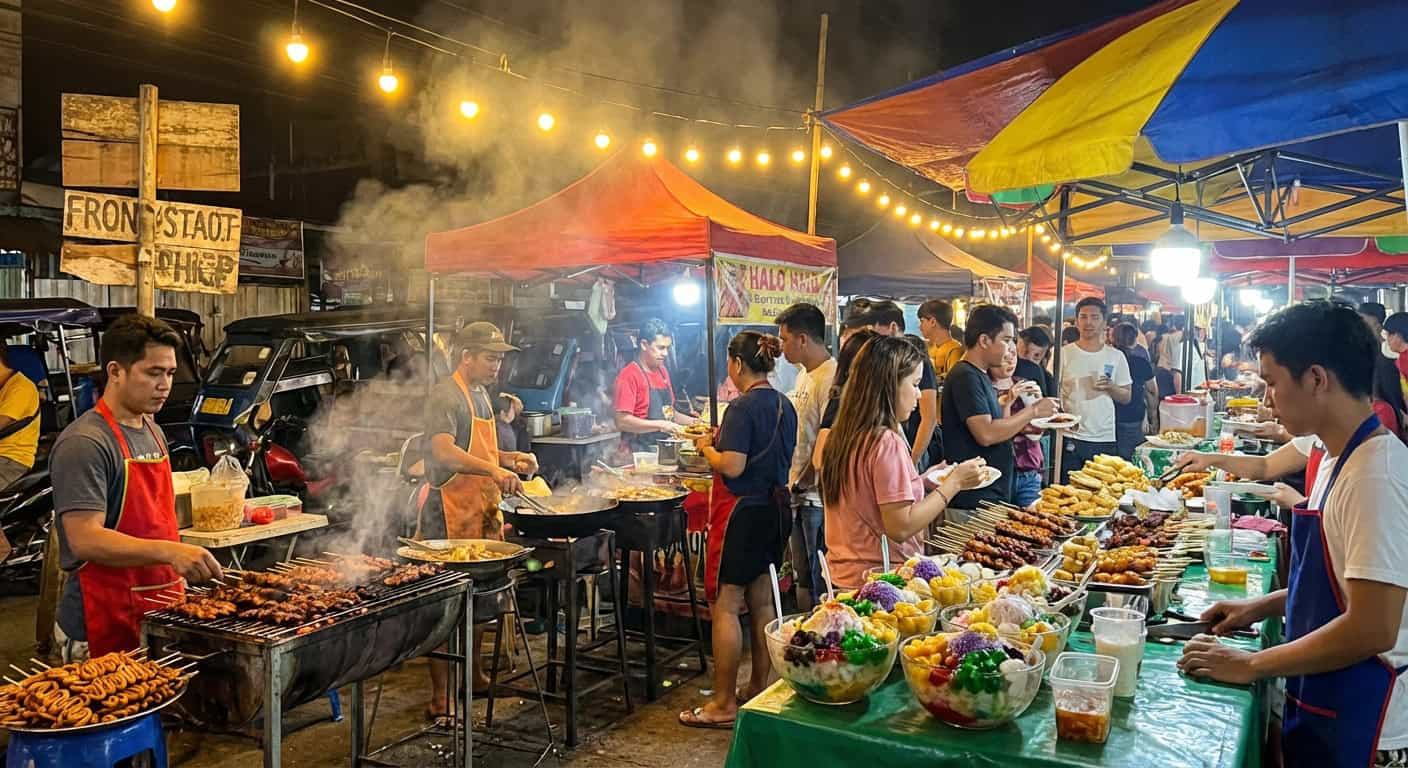 Colorful Filipino street food market with grilled skewers and tropical fruit stalls