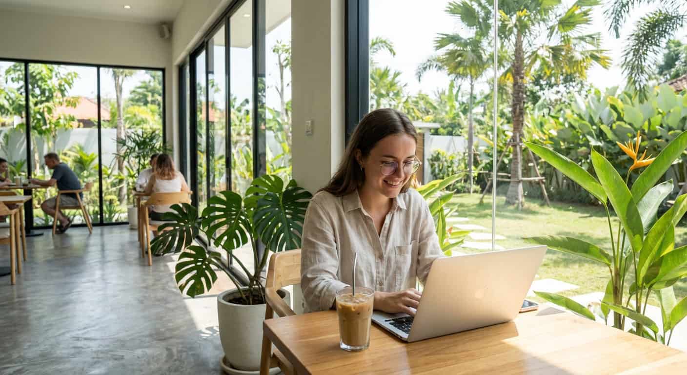 Digital nomad working on laptop in a modern Filipino cafe with lush tropical plants