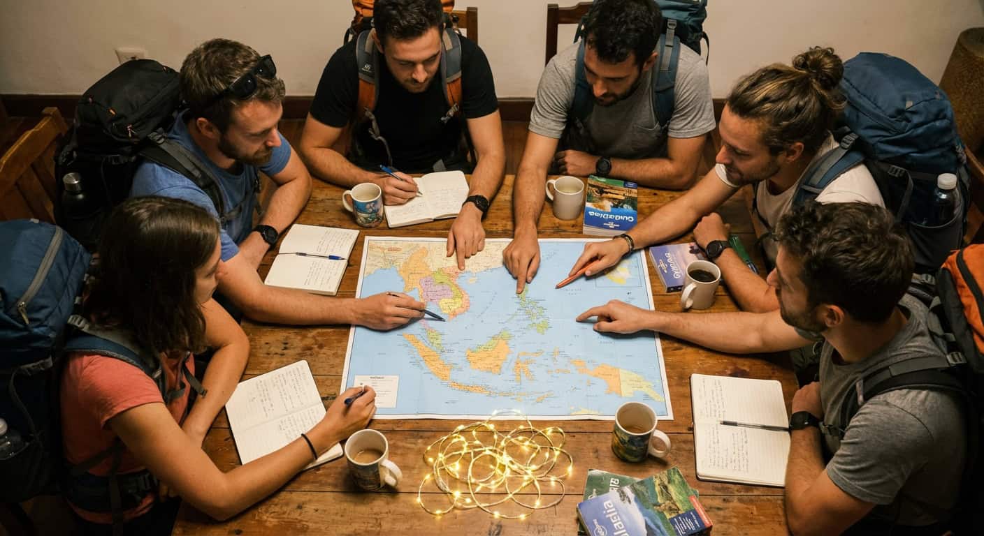 Backpackers planning Southeast Asia routes on a map in a hostel common room