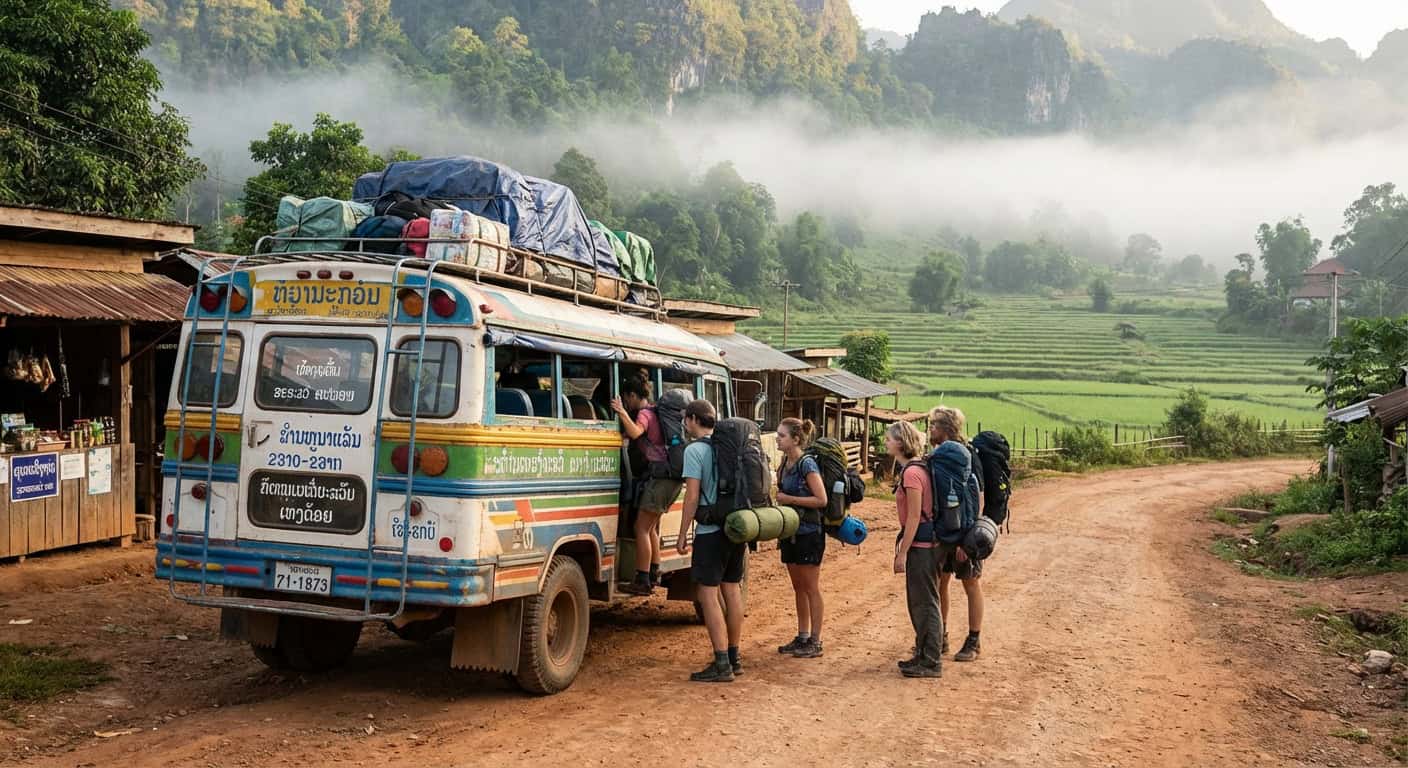 Backpackers boarding a local bus in rural Southeast Asia with mountains in background
