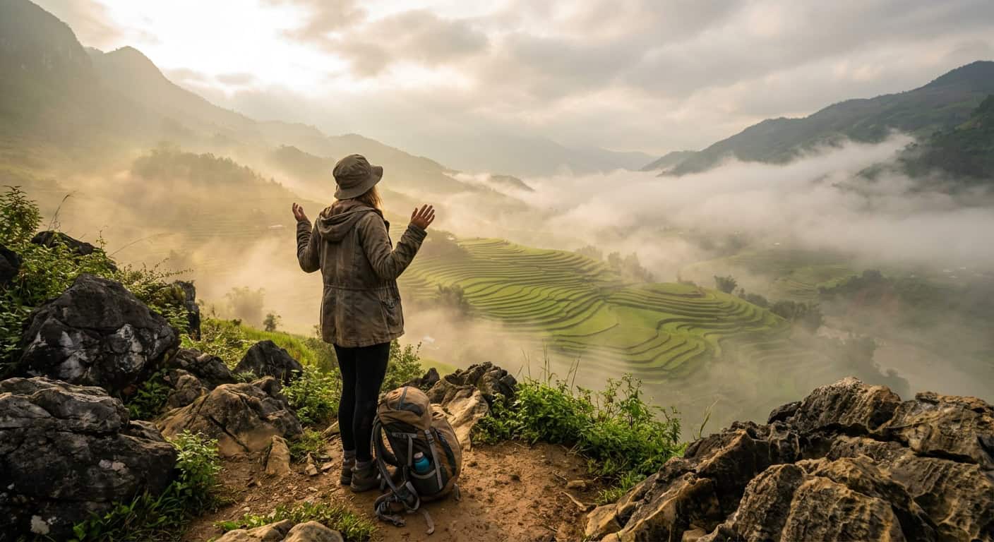 Solo traveler overlooking terraced rice fields in Southeast Asia